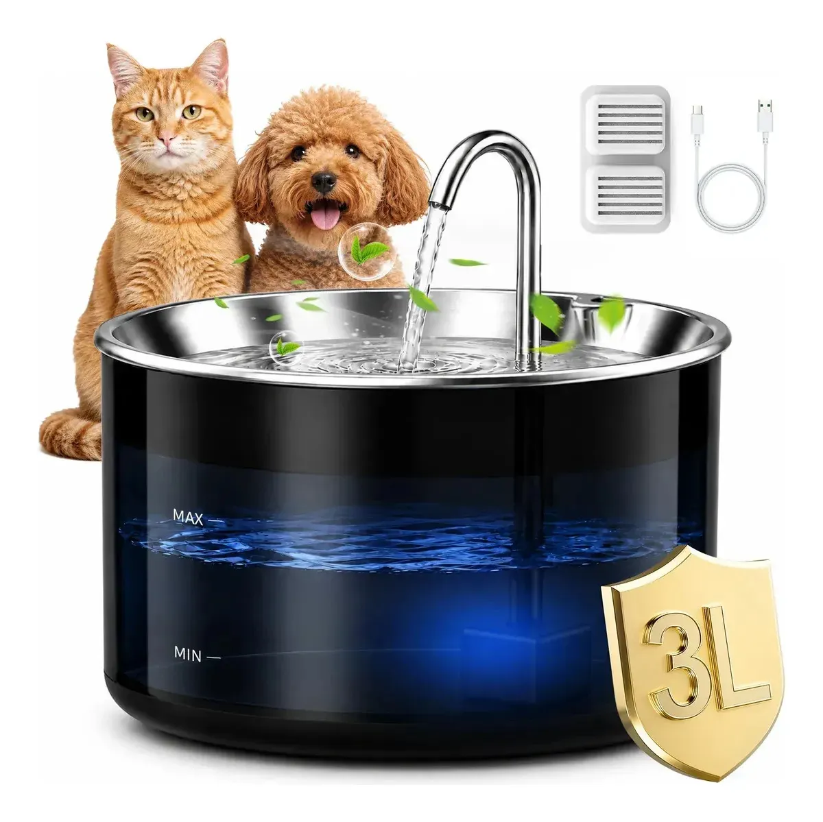 Fonte com bacia de inox e corpo translúcido iluminado, bica em torneira com água corrente, selo 3 L dourado, gato e cão ao fundo e filtros com cabo USB
