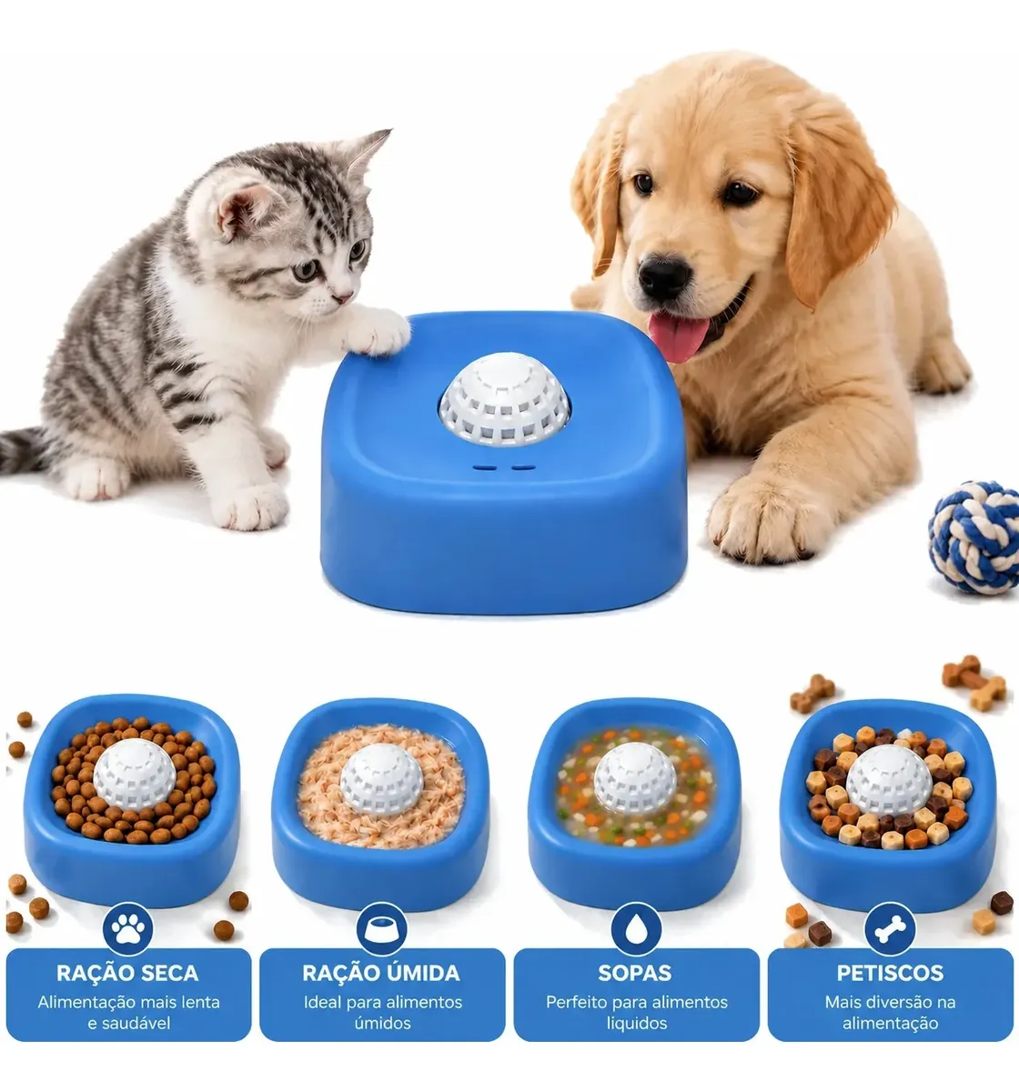 Pote quadrado azul com centro branco furado e bolas, entre um gatinho e um filhote de golden, e quatro usos ilustrados: ração seca, úmida, sopas e petiscos