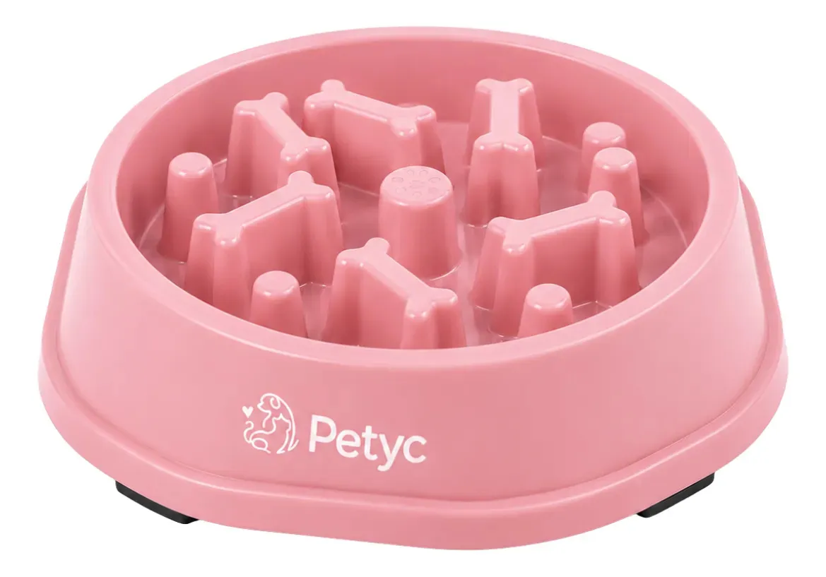 Comedouro redondo rosa Petyc visto de cima, com labirinto interno de pinos e ossinhos e logo de cão e gato na lateral
