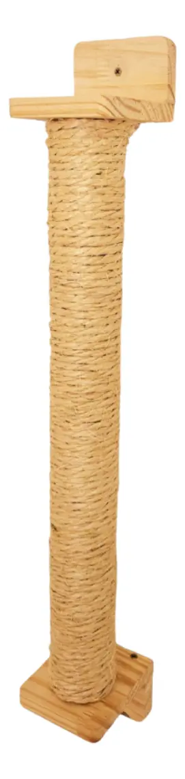 Poste vertical coberto de sisal com suporte de madeira clara no topo e na base, para fixar na parede