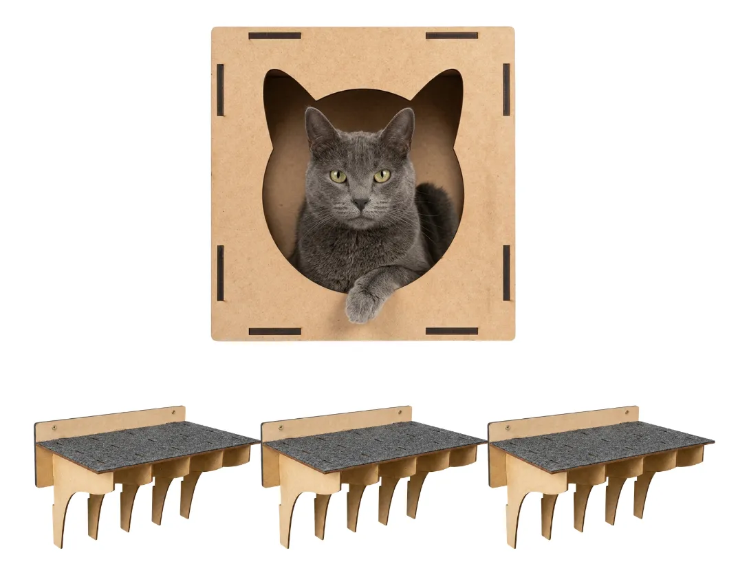 Toca quadrada de MDF claro com abertura em formato de cabeça de gato e um gato cinza dentro, acima de três prateleiras de MDF com superfície cinza