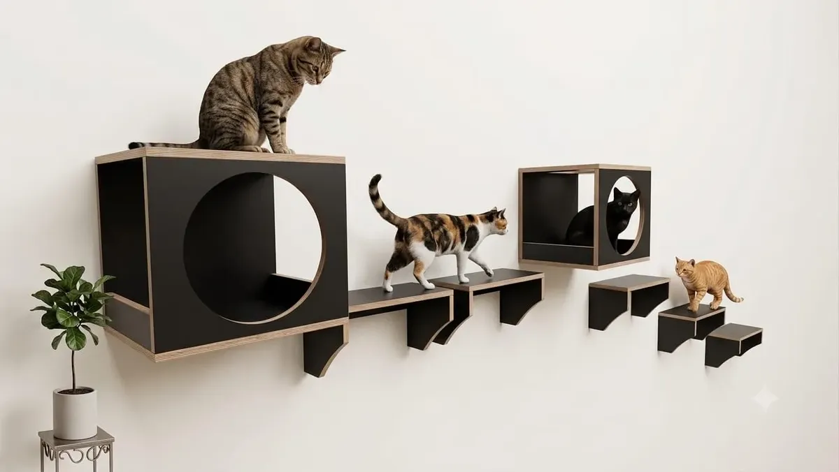 Parede branca com nichos pretos e prateleiras pretas em degraus, com três gatos subindo pelo caminho