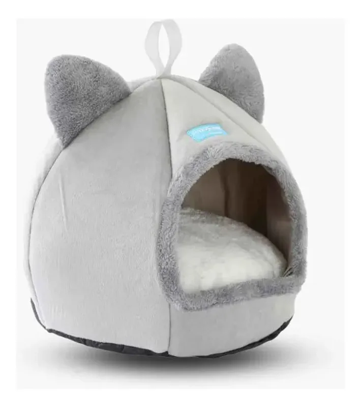 Caminha iglu cinza para gatos com orelhinhas de gato no topo, entrada redonda com borda felpuda e almofada clara no interior