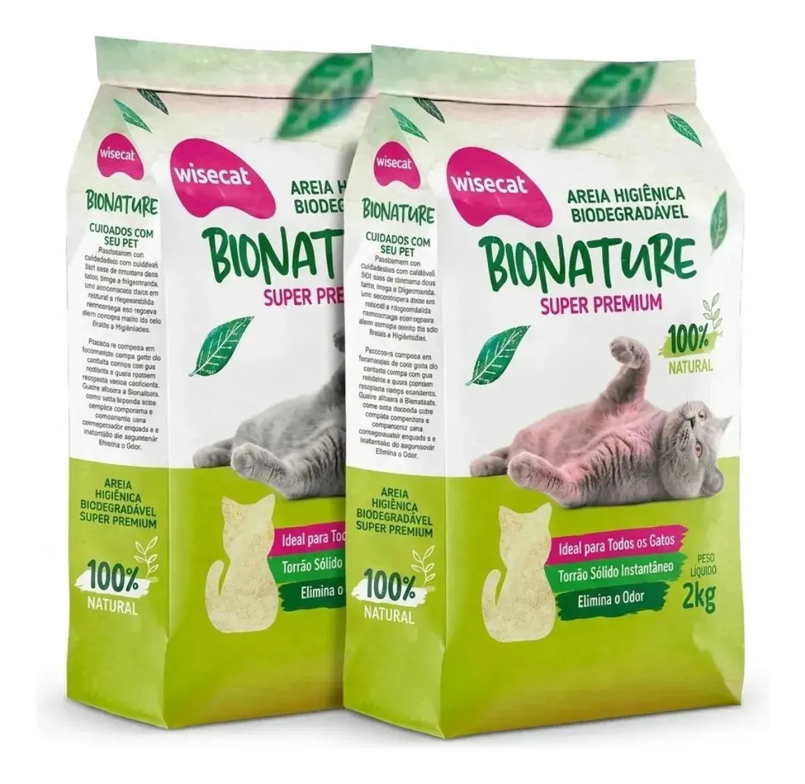 Dois pacotes brancos e verdes da areia higiênica biodegradável Wisecat Bionature Super Premium, de 2 kg, com gatos na estampa