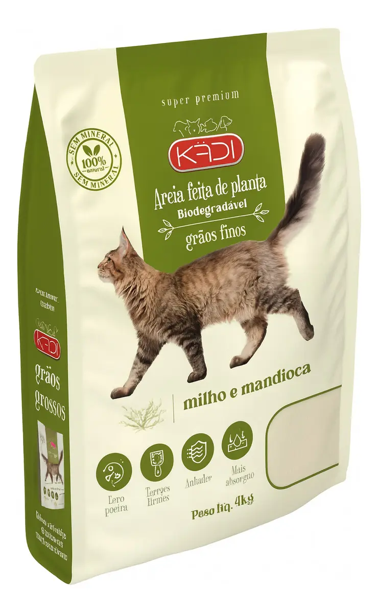 Pacote verde e bege da areia Kadi de milho e mandioca, com a foto de um gato tigrado andando