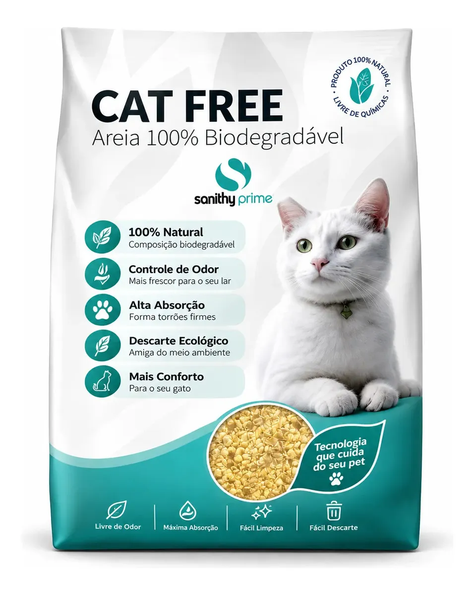 Pacote branco e verde-água da areia Cat Free 100% biodegradável Sanithy Prime, com um gato branco e grãos amarelados na frente