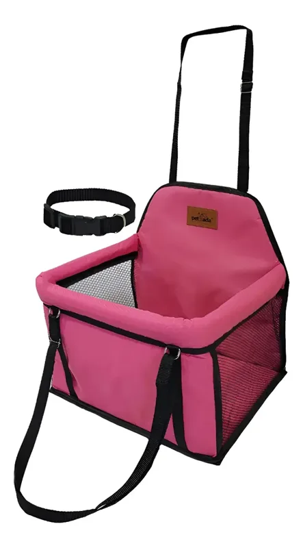 Cadeirinha de carro para pet em tecido rosa, com alças pretas de fixação e coleira interna