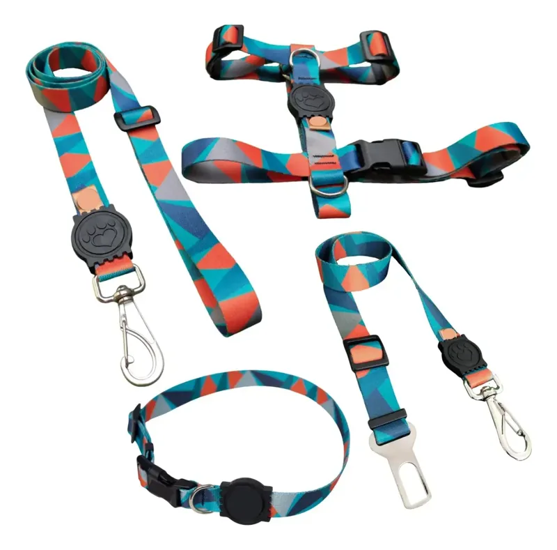 Kit estampado em azul e laranja com peitoral, coleira, guia e cinto de carro para pet, com mosquetões prateados